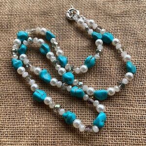 Turquoise necklace glass, pearl beads, and crystals spacers New Western Country